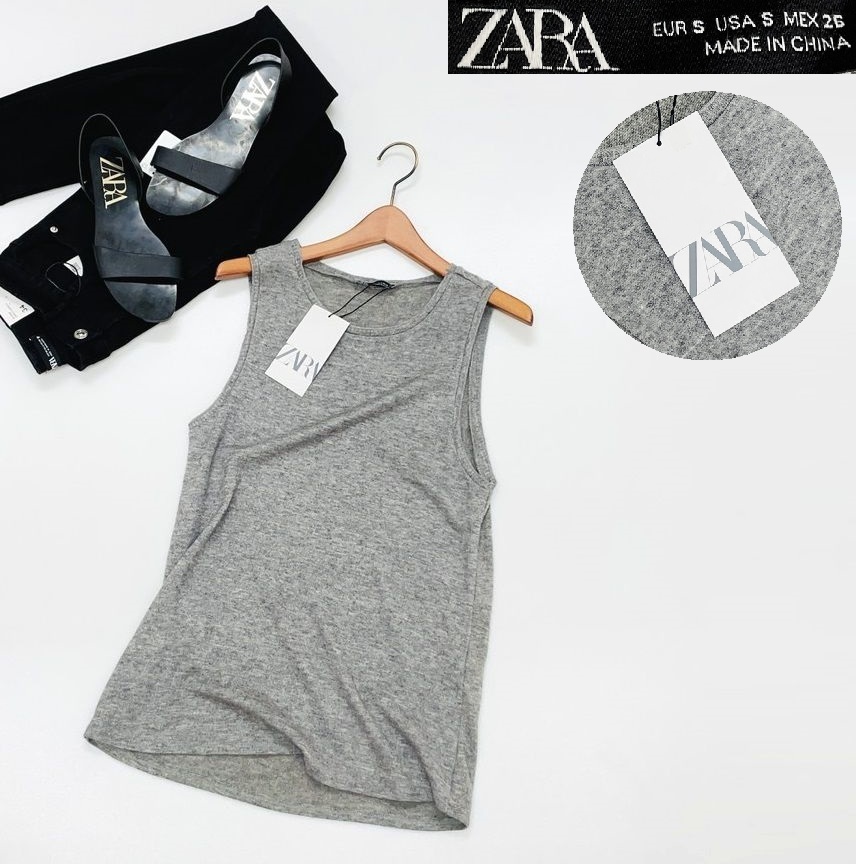 /S/ ZARA グレー ノースリーブタンクトップ レディース タグ カジュアル トップス 通勤 フェミニン 大人可愛い ナイロン春夏 ザラ拍卖