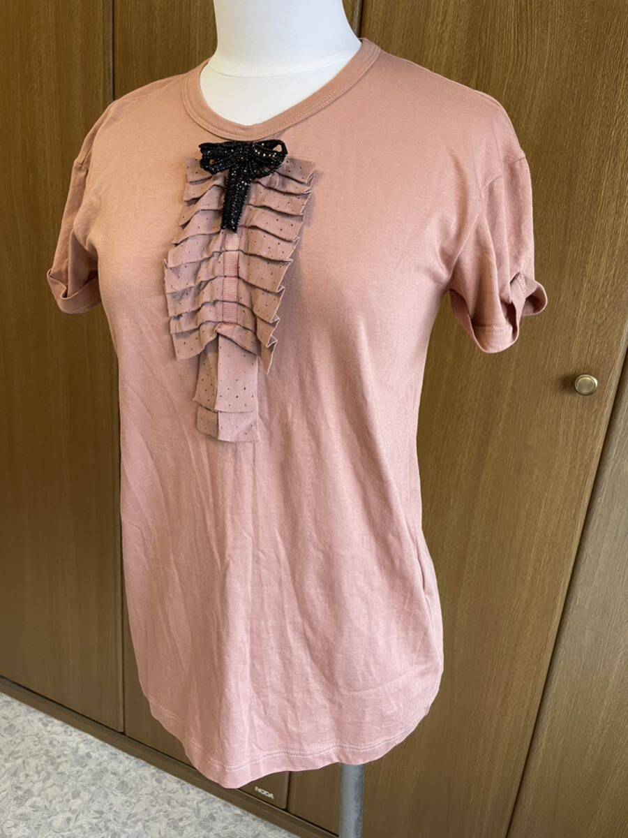 ヌメロヴェントゥーノ N°21 カットソー 半袖 クルーネック リボン フリル 36 S ブラウン x黒拍卖