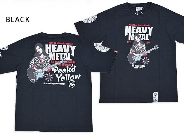 ヘビーメタル半袖Tシャツ◆Peak'd Yellow ブラックLサイズ(サイズ42) PYT-241 ピークドイエロー 和柄 和風 着物 エフ商会拍卖