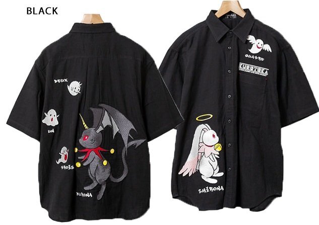 黒菟華 お化けちゃん名前半袖シャツ◆LIN ブラックMサイズ AL-757007 和柄 兎 うさぎ 刺繍 悪魔 天使 刺繍 ユニセックス拍卖