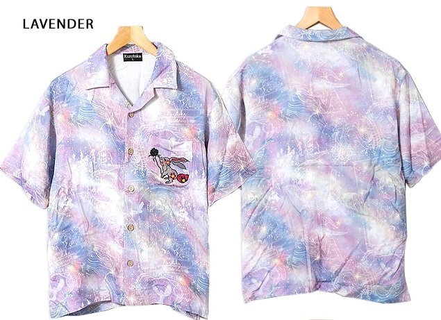 黒菟華 銀河半袖アロハシャツ◆LIN ラベンダーLサイズ AL-759077 和柄 兎 ウサギ ハワイアン 総柄 星空 ユニセックス拍卖
