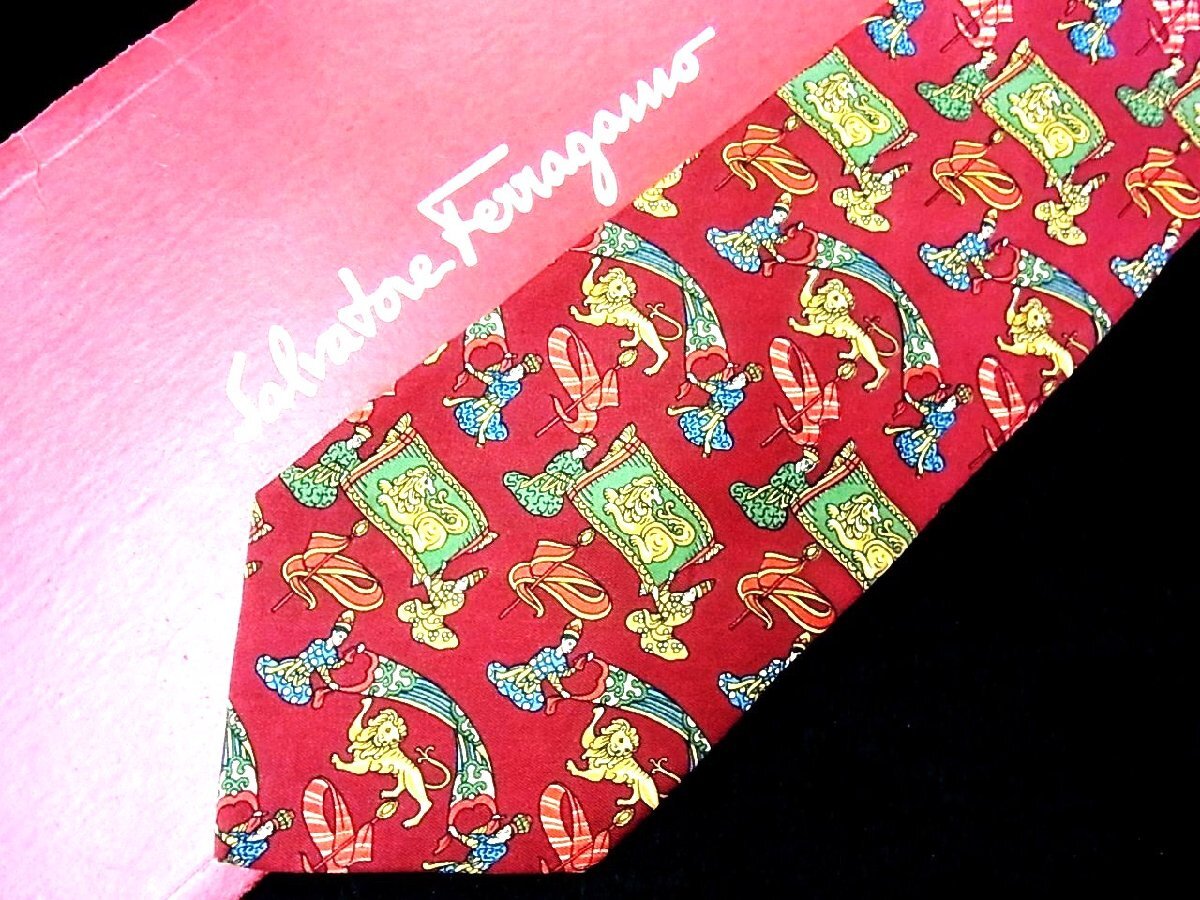 ♪今週の特売980円~♪1742♪状態並品【Ferragamo】フェラガモ【女性 ライオン 動物 旗 柄】ネクタイ♪拍卖