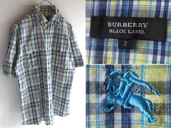 希少 BURBERRY BLACK LABEL バーバリーブラックレーベル ホースロゴ刺繍 ワイヤー襟 半袖 チェックシャツ 2 イエロー ブルー ネコポス対応拍卖