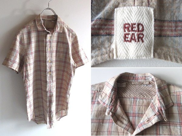 ネコポス対応 Paul Smith RED EAR ポールスミス レッドイヤー ロゴ刺繍 半比翼 リネンコットン 半袖 チェックシャツ S ベージュ拍卖