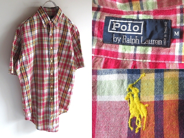 希少 90sビンテージ ハミルトン期 Ralph Lauren ラルフローレン ポロポニーロゴ刺繍 コットン チェック柄 半袖 BDシャツ M 赤 白 ネコポス拍卖
