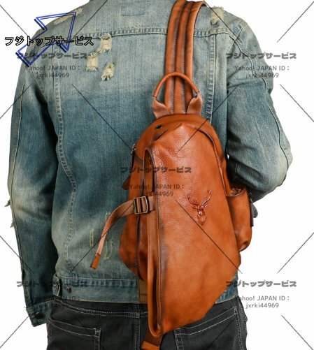 新品★メンズ 本革 ボディバック レザー 男性 ワンショルダーバッグ 斜め掛けバッグ 牛革 大容量 カジュアル 鞄 左右肩付替え コーヒー拍卖