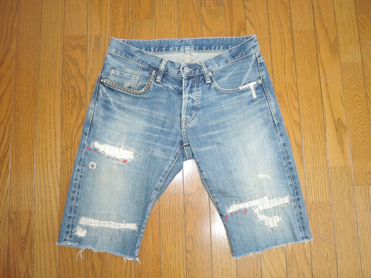 HYSTERIC GLAMOUR ヒステリックグラマー ダメージ加工 デニム ショーツ 30インディゴ ハーフパンツ パッチワーク /拍卖