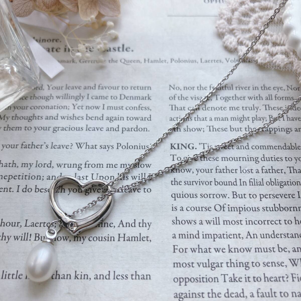 ヴィンテージネックレス シルバーカラー ハート パール ガラス☆japan Vintage jewelry accessories k0430拍卖