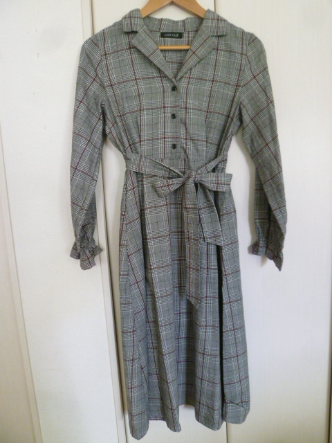 CHIP CLIP◇モノトーン系千鳥チェック柄ウエストリボンシャツワンピースM/ロング長袖◇A77op拍卖