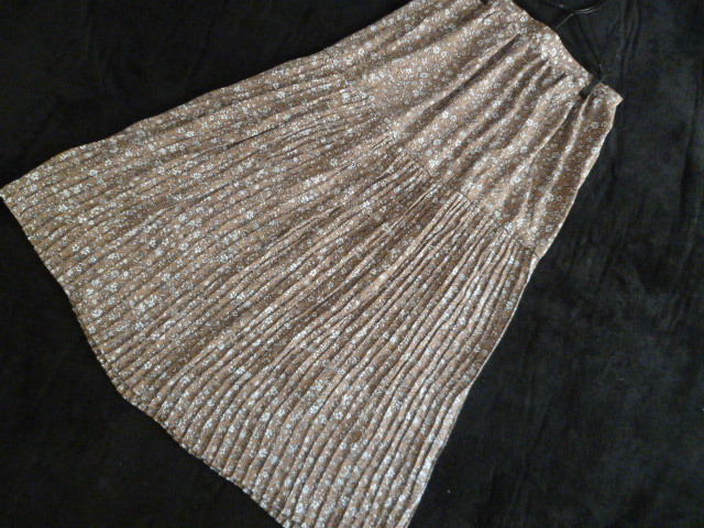 AYA◇茶系小花柄切り替え細いプリーツ変形デザインロングフレアースカートL,W69-77/ブラウン系◇A79sk拍卖