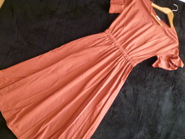 GU/ジーユー◇くすみオレンジ茶系袖フリルロングフレアーワンピースS/きれいめ通勤半袖◇A77op拍卖