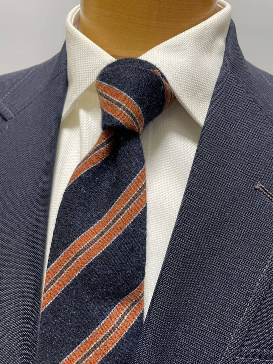 【美品】ニッキー×ユナイテッドアローズ レジメンタル柄 ネクタイ ネイビー×オレンジ 大剣約8cmイタリア製 ウールタイ拍卖