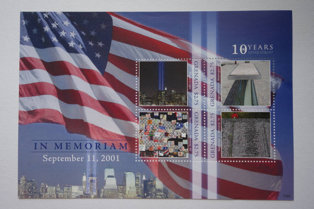 外国切手: グレナダ切手 「(2001.9.11)10週年記念」 4種m/s 未使用拍卖
