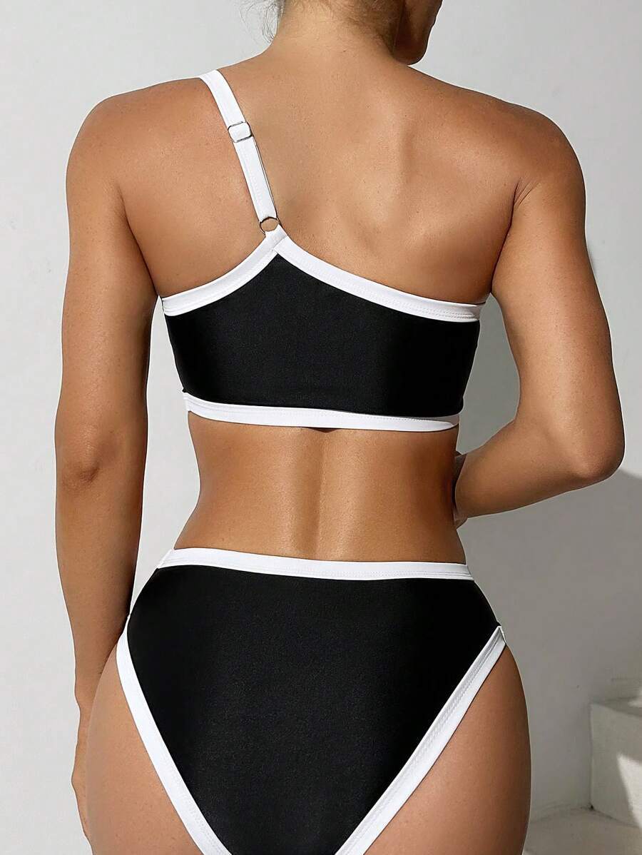 レディース 水着 ビキニセット サマービーチ ワントーンカラー トリム ワンショルダートップ トライアングル ビキニセット、カーニ拍卖