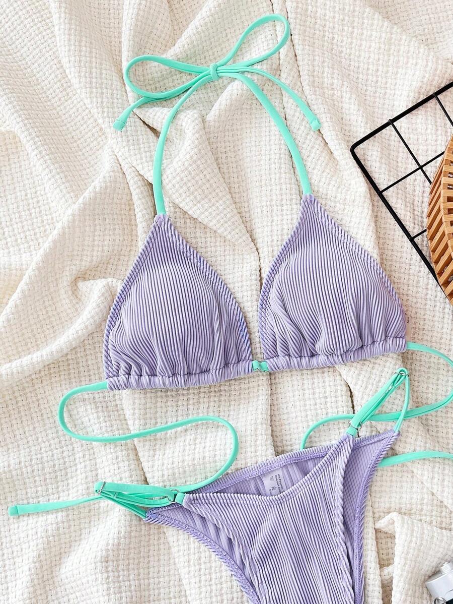 レディース 水着 ビキニセット 女性用 夏 水着 ビキニセット ハーネック トリム ネオンカラーコントラスト ビーチファッション拍卖