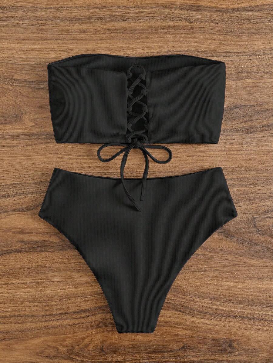 レディース 水着 ビキニセット 夏用ビーチ ソリッドカラー バンドゥ ハイウエスト ビキニ拍卖