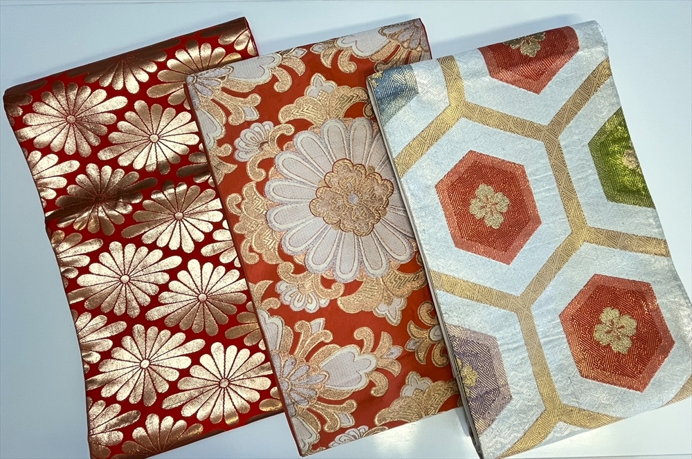 花とら●リサイクル帯 袋帯 絹 3本まとめて 全通 菊菱 亀甲に花菱 橙地 陵華風 振袖 リメイク 素材 240602拍卖