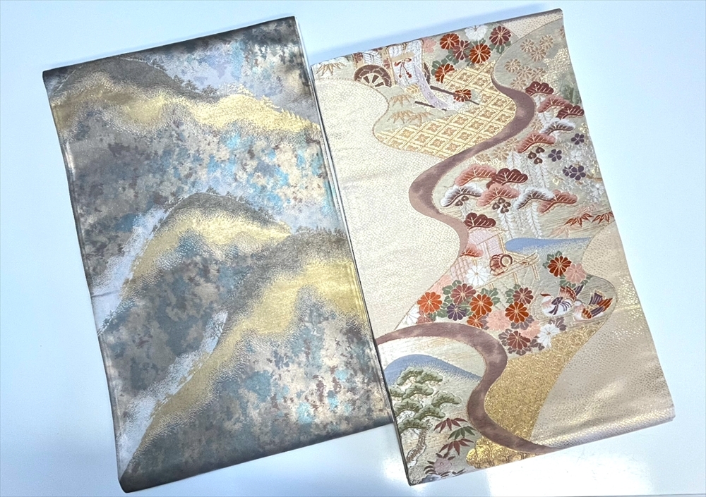 花とら●リサイクル帯 袋帯 2本まとめて 錦織 薄金 御所車 草花 金箔 青銅箔 遠山 240602拍卖