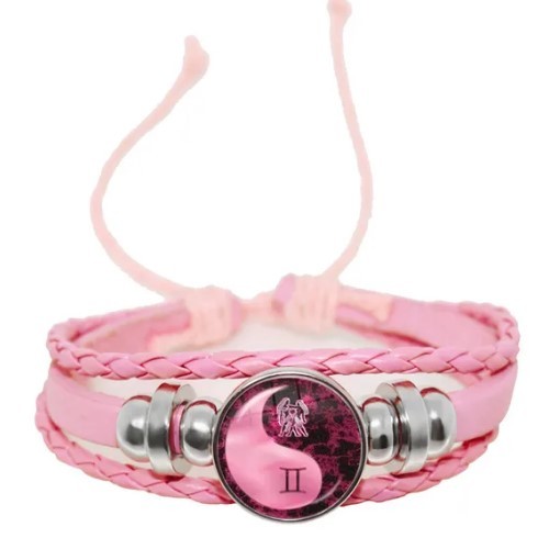 【ふたご座、ピンク】12 星座ブレスレット陰陽星座ガラスカボションピンクレザーブレスレット女性女の子誕生日ギフト拍卖