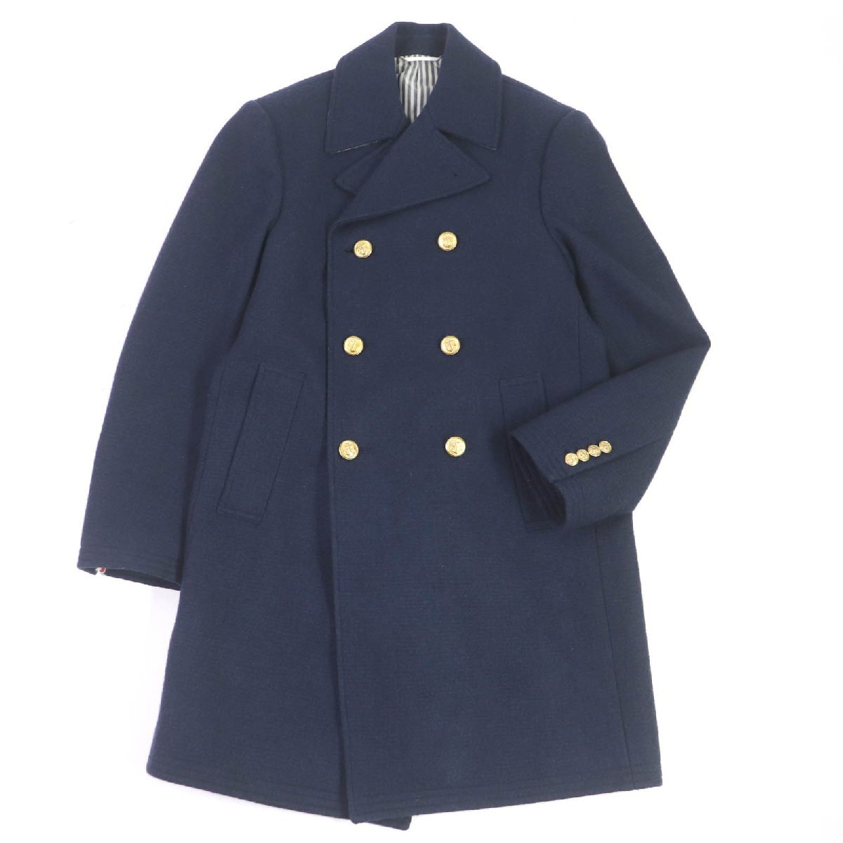 美品□THOM BROWNE トムブラウン ウール 錨ゴールドボタン トリコロール ダブルブレスト チェスターコート ネイビー 0 日本製 正規品拍卖