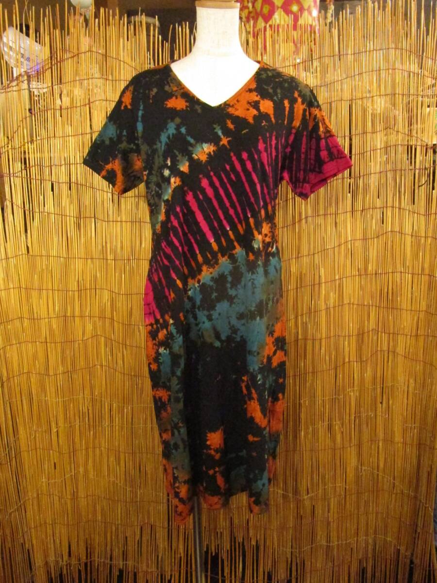 ③新品*ストレッチ*コットン素材*タイダイ染め*半袖*ミドル丈*Aラインワンピース拍卖