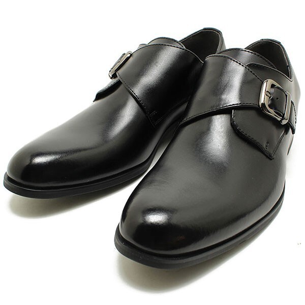 箱付き新品★日本製x本革/S-MAKE★モンクストラップ/紐無し着楽【24.5EEE/黒】歩きやすい!名ブランド品質/ビジネスシューズ◆n7321拍卖
