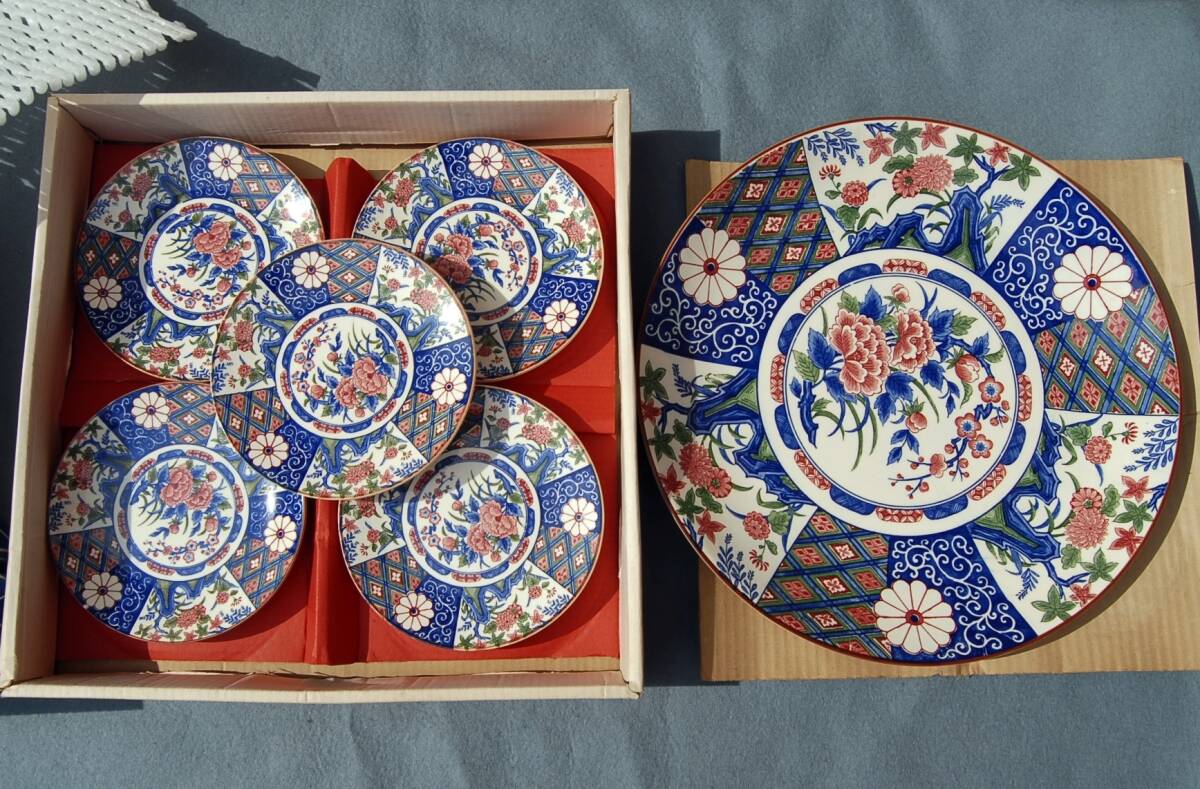 昭和中期 ばんこ焼 寿司皿揃 色絵 6窓 大皿 中皿×5 花文:幾何文様 富永陶園 万古焼拍卖