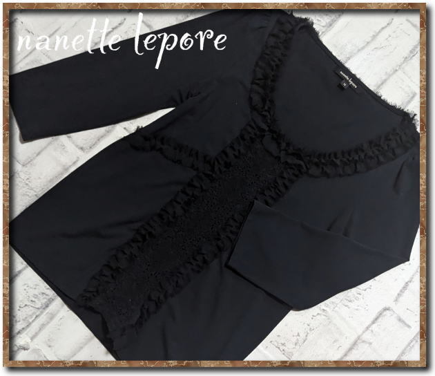 美品!!☆nanette lepore ナネットレポー シフォン&レース付き7分袖カットソー 黒☆拍卖