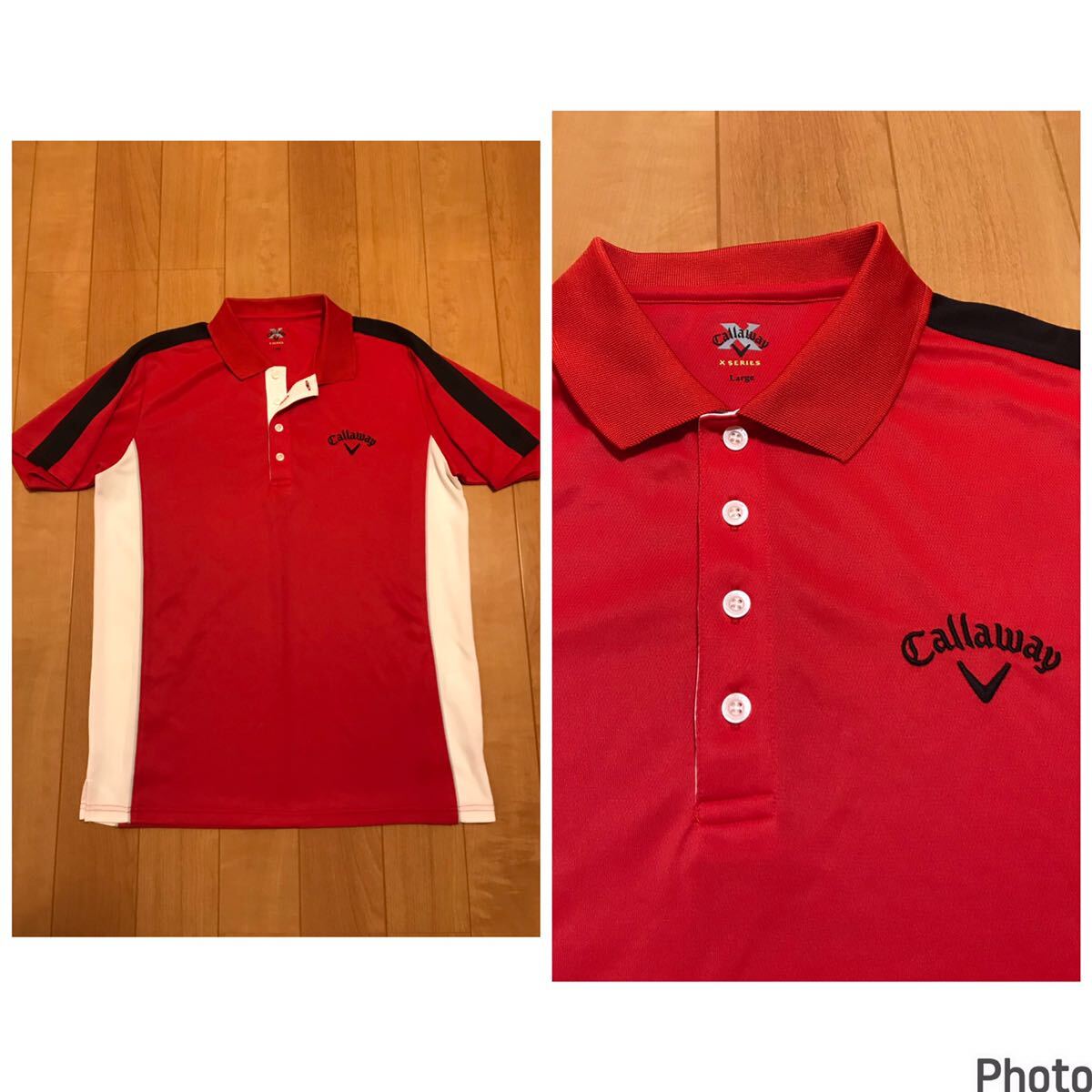 美品☆Callaway/キャロウェイ.XSERIES サイズL ストレッチ性速乾ドライ.半袖切替ポロシャツ 両面ロゴマーク刺繍入&袖ライン&パイピング入!拍卖