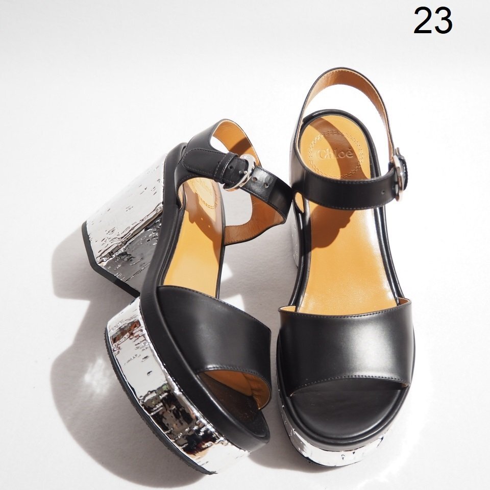 M3943P ●Chloe クロエ● 新品同様 odina メタルカラーヒール サンダル ブラック シルバー 36/23cm ヒール プラットフォーム 春夏 rb mks拍卖