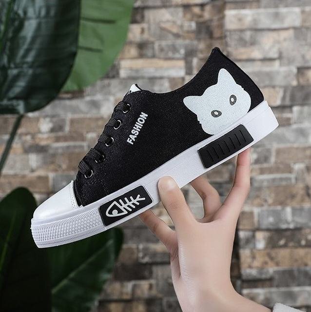 LRM1721★スニーカー レディース 靴 シューズ スリッポン キャンバス ローカット 歩きやすい デザイン 軽量 通気性 夏 猫 ブラック拍卖