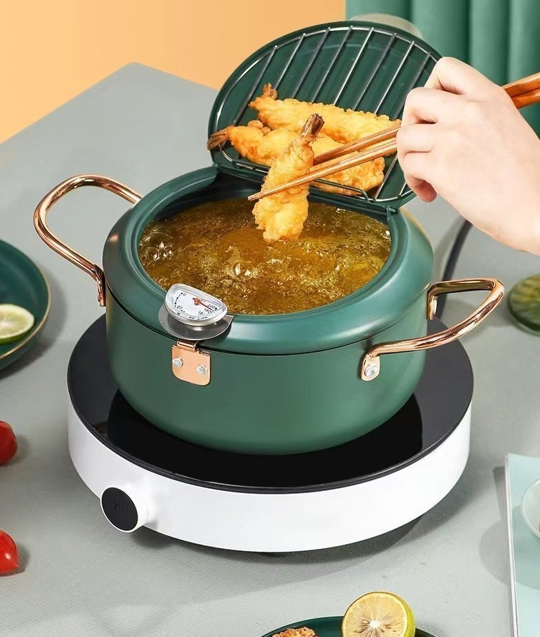 LRM1897★天ぷら鍋 温度計付 揚げ物 揚げ鍋蓋付 両手 天ぷら鍋 油切りラック付天ぷら油 断熱性能に優れて IH グリーン 24cm拍卖