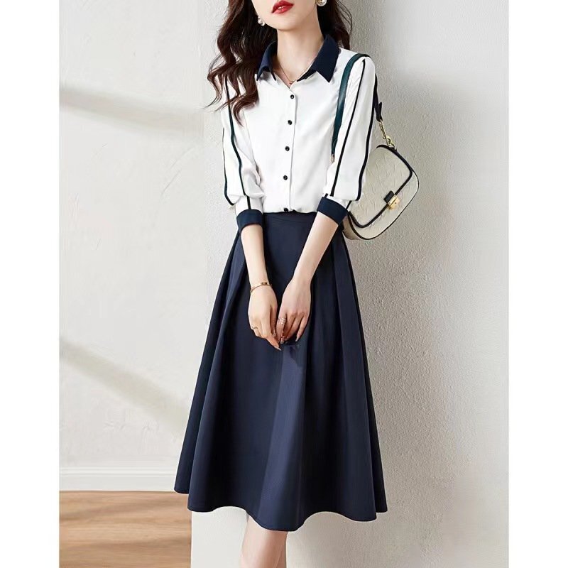 LRM1579★S-3XLサイレ ブラウス トップス ロズ♪夏新作 オシャ気質大人 セパレート ワンピース 通勤 ングスカート 2点 セット 入学式拍卖