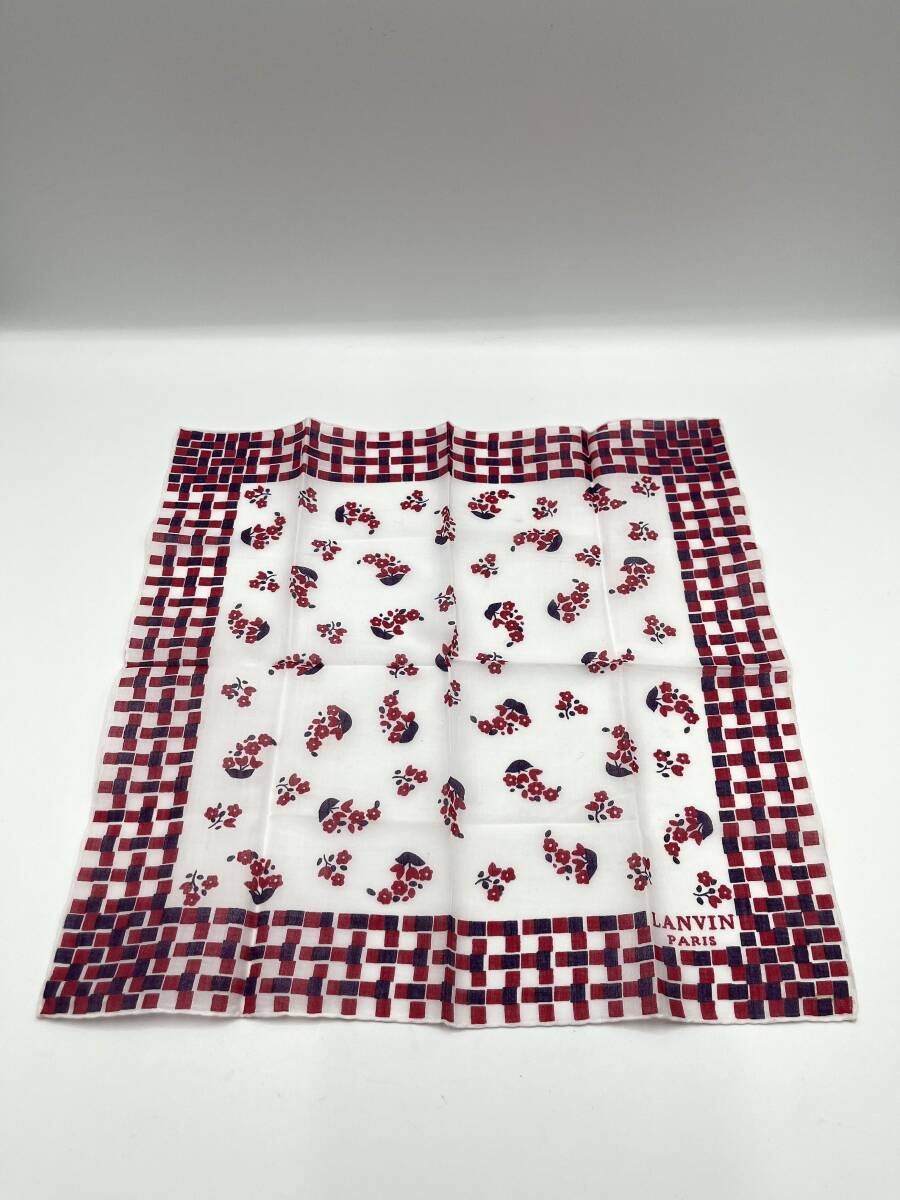 LANVIN ランバン ハンカチ バンダナ レッド×ホワイト×パープル 花柄 フラワー チェック柄 W34 H34拍卖