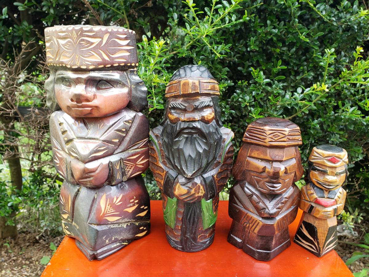 木彫 アイヌ 置物 4体 / 木彫り 彫刻 人形 昭和レトロ / 北海道 民芸品 工芸品 人形 / 郷土土産 アンティーク拍卖