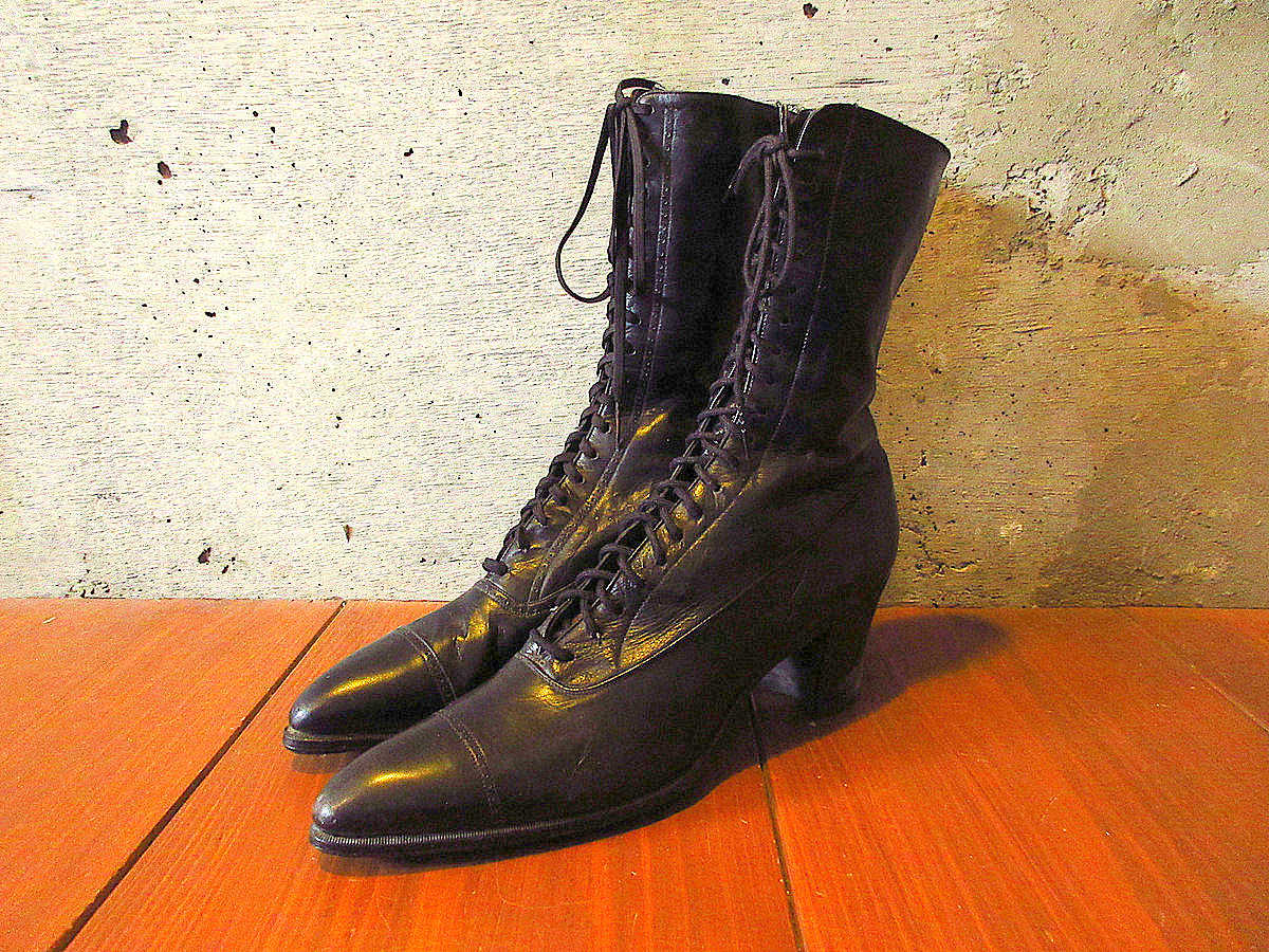 ビンテージ-20’s●DEADSTOCKレディースレースアップブーツ左右違い黒size ●240621k7-w-bt-25cm -1920sデッドストックカンガルーレザー拍卖