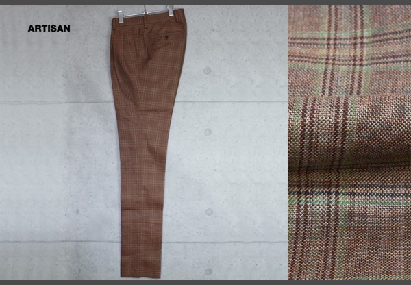 新品アルチザン上質リネングレンチェック春夏スラックスS茶麻絹 定価2.8万円/ARTISAN2拍卖