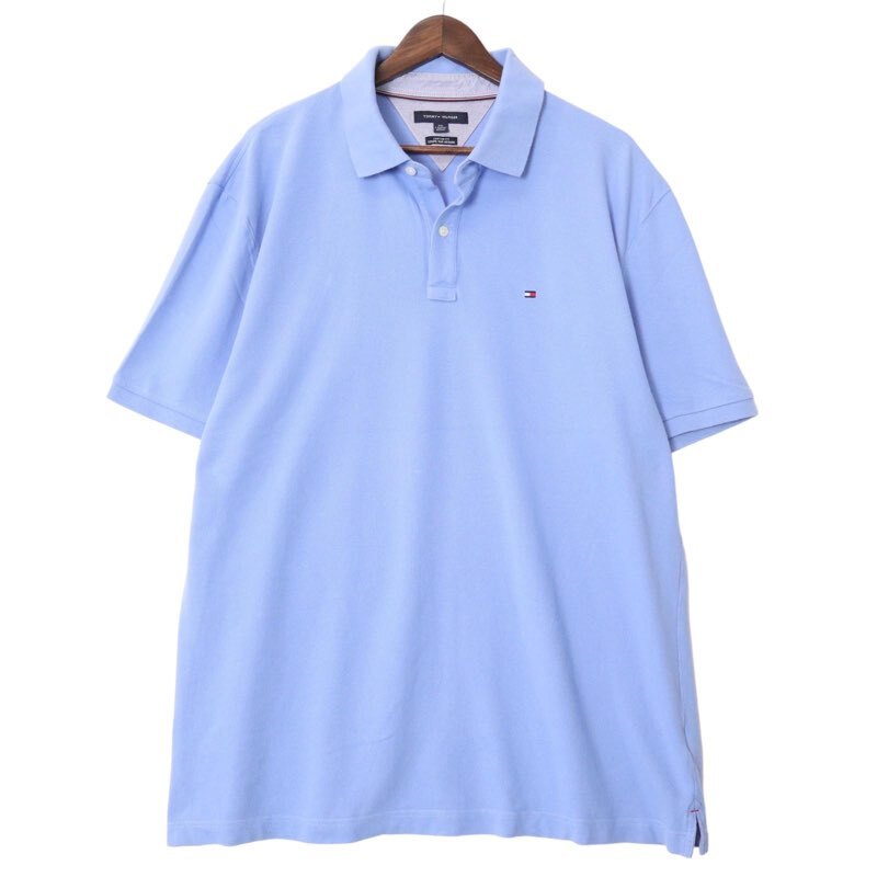 トミーヒルフィガー 鹿の子半袖ポロシャツ ワンポイントロゴ刺繍 メンズUS-2XLサイズ 無地 水色 ライトブルー系 sc-0004n拍卖