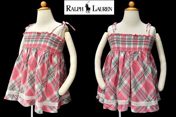S-6821★送料無料★超美品★RALPH LAUREN ラルフローレン★正規品 ピンクベースのチェック柄 キャミソール ワンピース 120拍卖