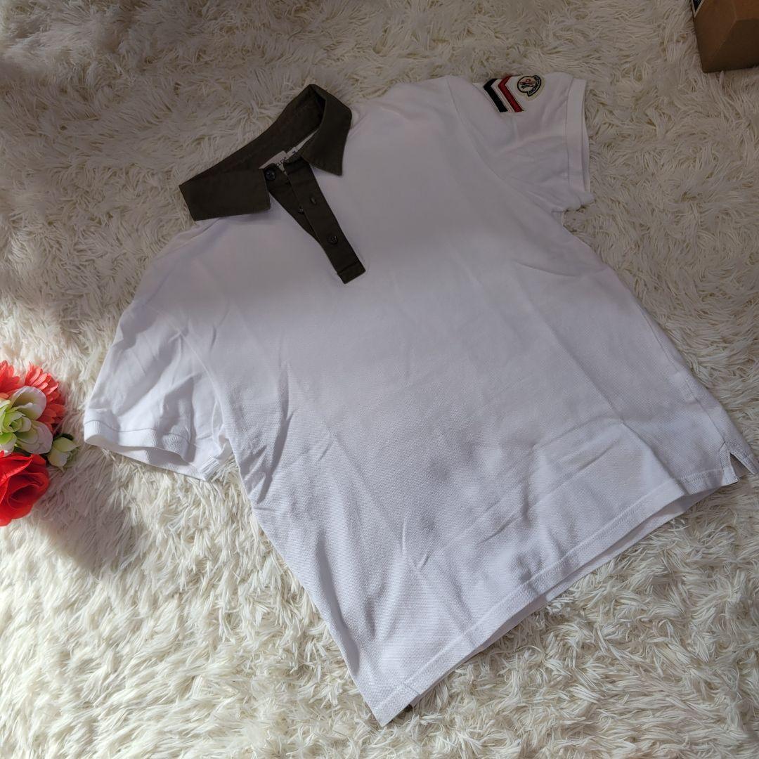 MONCLER モンクレール ホワイト×カーキ ポロシャツ 半袖 Tシャツ ロゴ拍卖