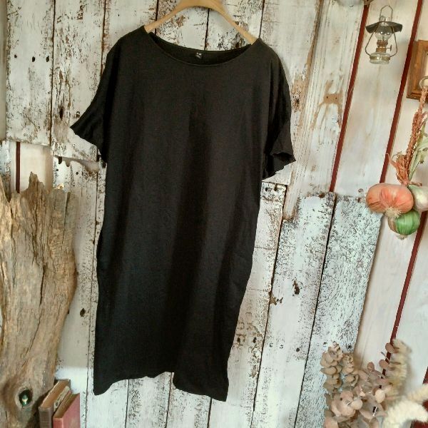美品 ユニクロ UNIQLO フレアスリーブ Tシャツ ワンピース 半袖 レディース サイズL 黒 ブラック色系拍卖