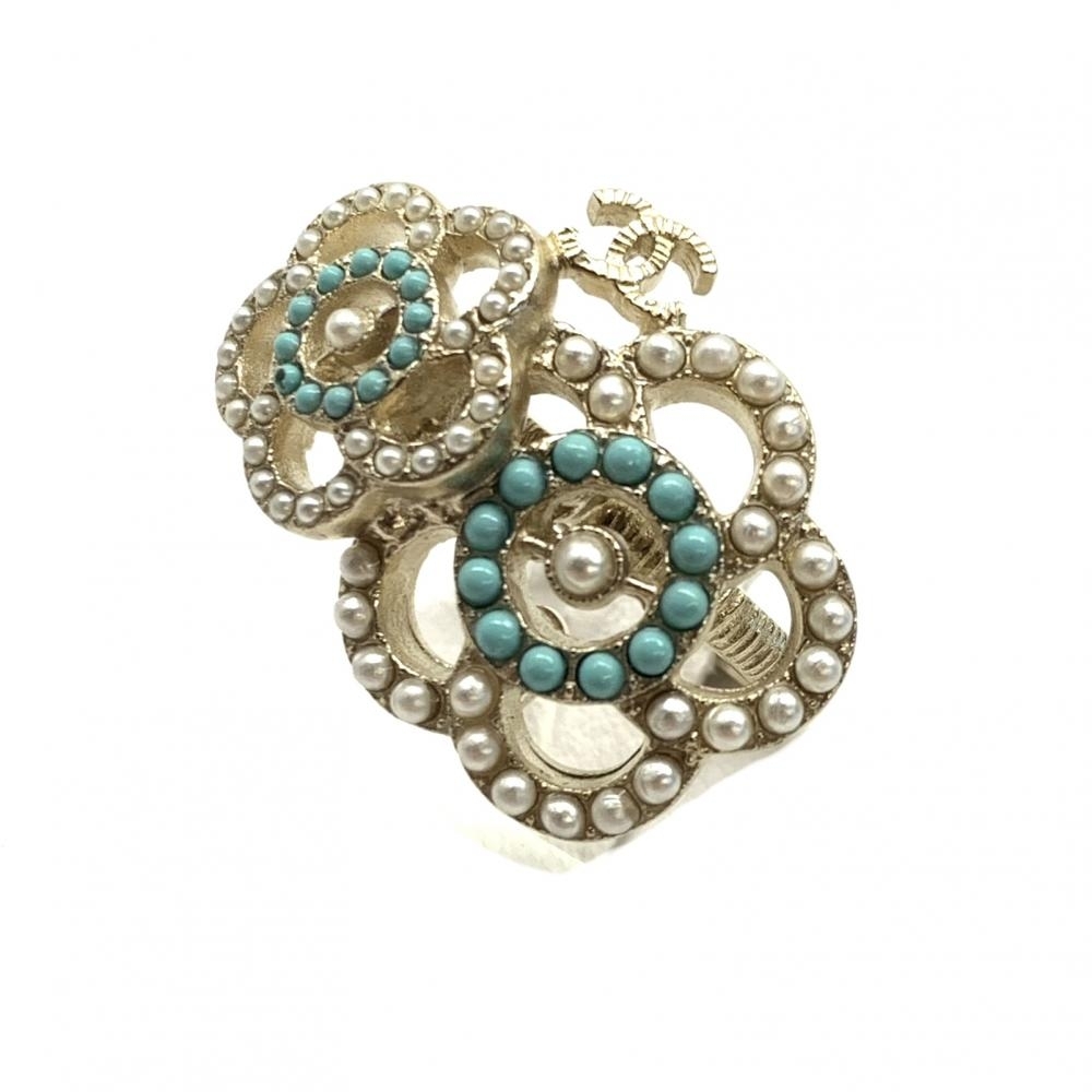 CHANEL シャネル A16P カメリア リング 指輪 アクセサリー ココマーク シャンパンゴールド パール ターコイズ 12号 管理RT38023拍卖