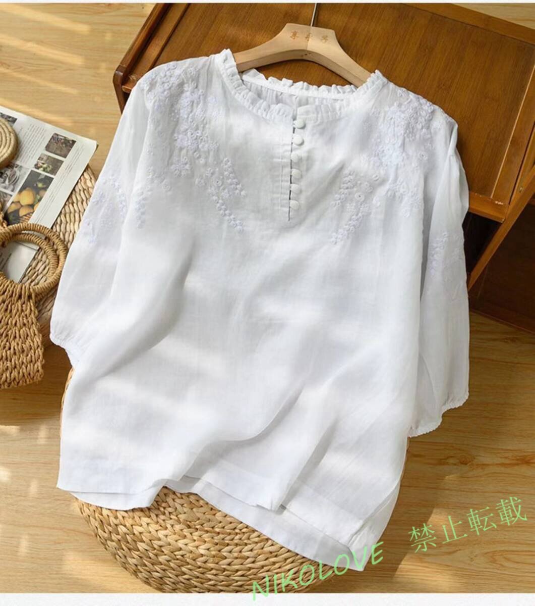 新品上品 ブラウス レディース 刺繍り七分袖 チュニック 綿麻 シャツ ゆったり 可愛い 大人 トップス LH298拍卖