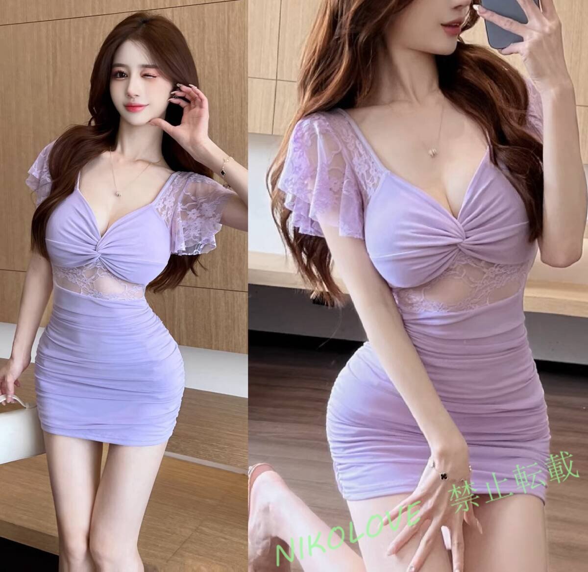 ☆新品*セクシー**良質*とろみ素材*花柄*レース*シースルー*切替*肩*フリル*フレア*ギャザー*入*Vネック*タイト*ワンピース*LF642拍卖