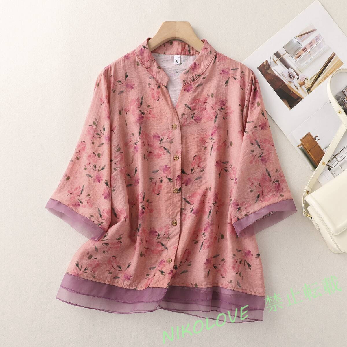 新品 チュニック 花柄 半袖 カジュアル ゆったり プリント柄 大きいサイズ シャツ 薄い 通勤 OL きれいめ 上品トップスピンク LG887拍卖