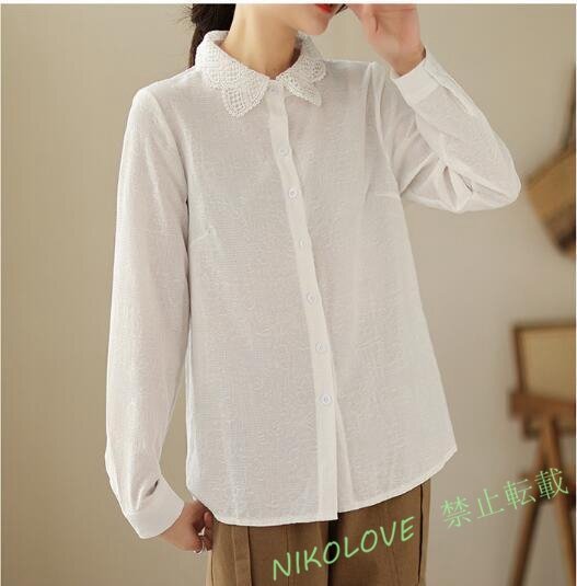 新品お色選択可長袖M-2XLサイズ 春 カジュアル ゆったり 刺繍入り 綿 シャツ 大きいサイズ チュニック 長袖 シャツブラウス 白 LC699拍卖