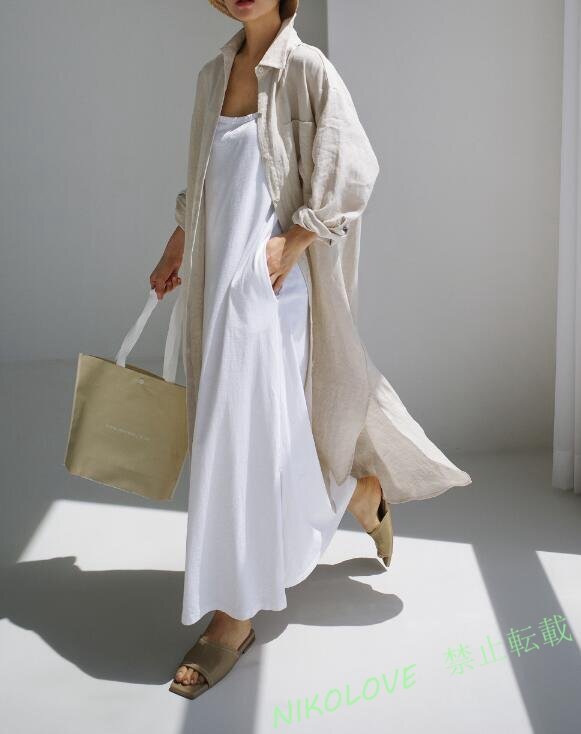 新品シャツワンピース レディース マキシワンピース リネン風ワンピース 体型カバー 大きいサイズ ベージュ S-XL LE692拍卖