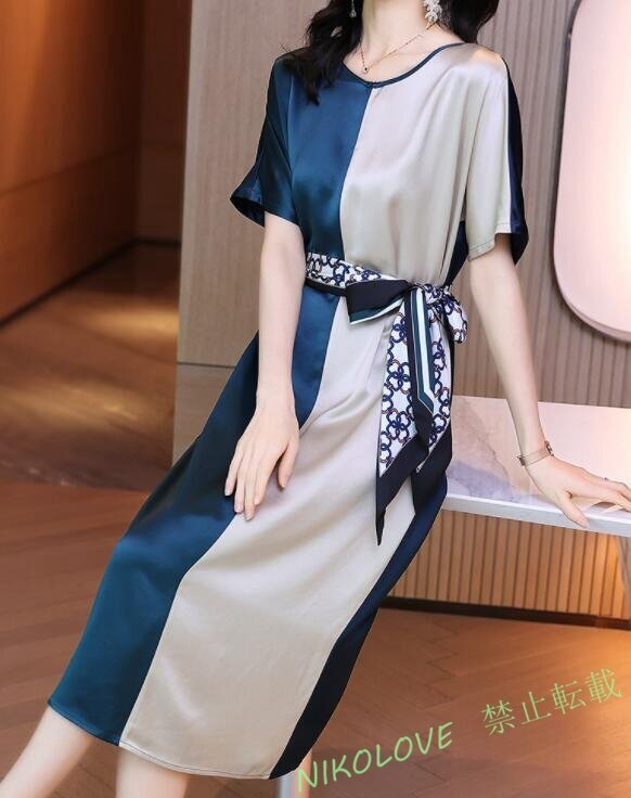 新品夏 宴会通勤OL リボンワンピース 高級感 配色柄 つるつる サテン 上品大人 20代30代40代 半袖 ロング丈ワン LF357拍卖