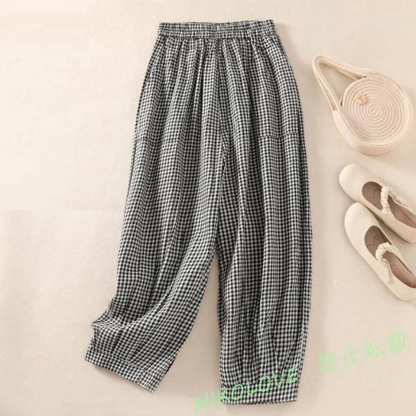 新品 パンツ リネン ワイド パンツ 綿麻 チェック柄 ガウチョパンツ ウェストゴム 大きいサイズ カジュアル ボトムス2XL LG891拍卖