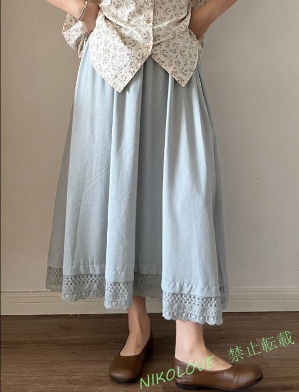 新品 Aラインスカート 膝丈スカート レディース ハイウエストスカート 綿麻 フレアスカート 通学 ボトムス おしゃれ 可愛いブルーLH005拍卖